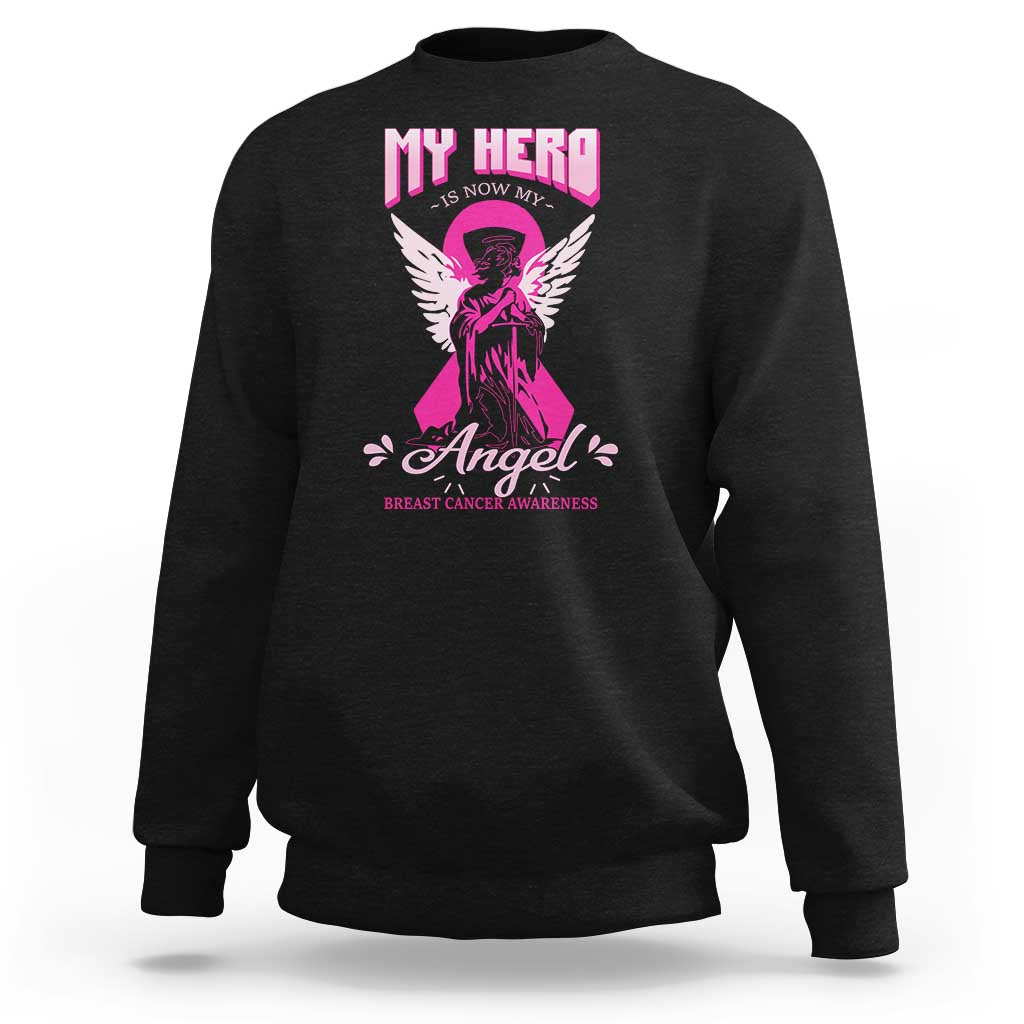 Black breast cancer awareness sweatshirt with pink ribbon angel graphic on front