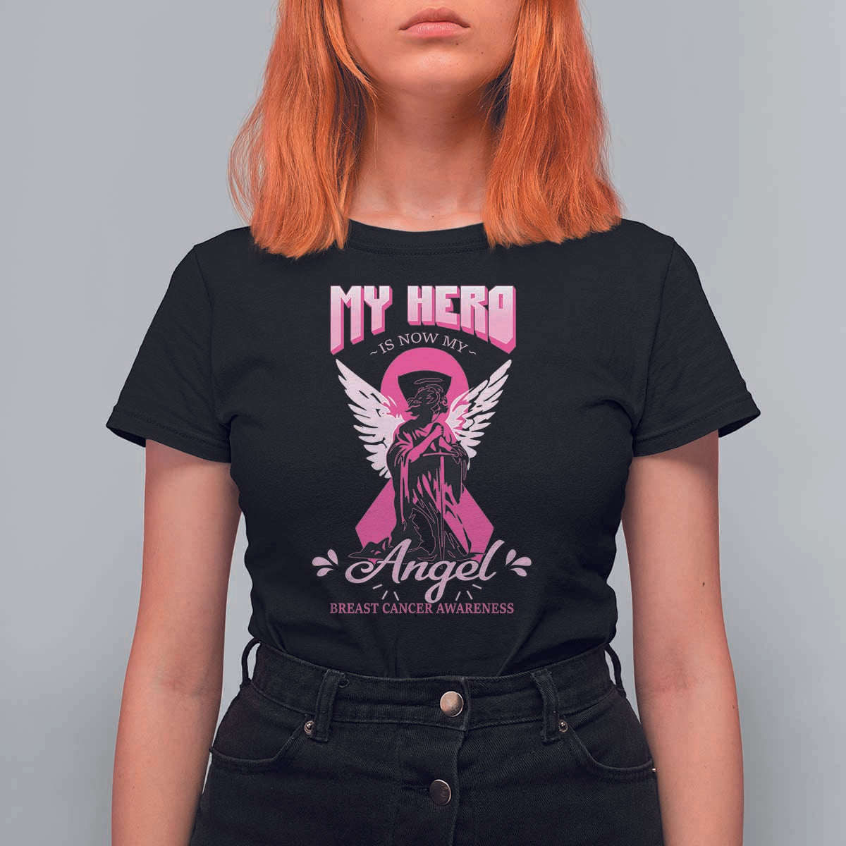 Breast Cancer Awareness T Shirt For Women My Hero Is Now My Angel Pink Ribbon Cancer Warrior - Wonder Print Shop