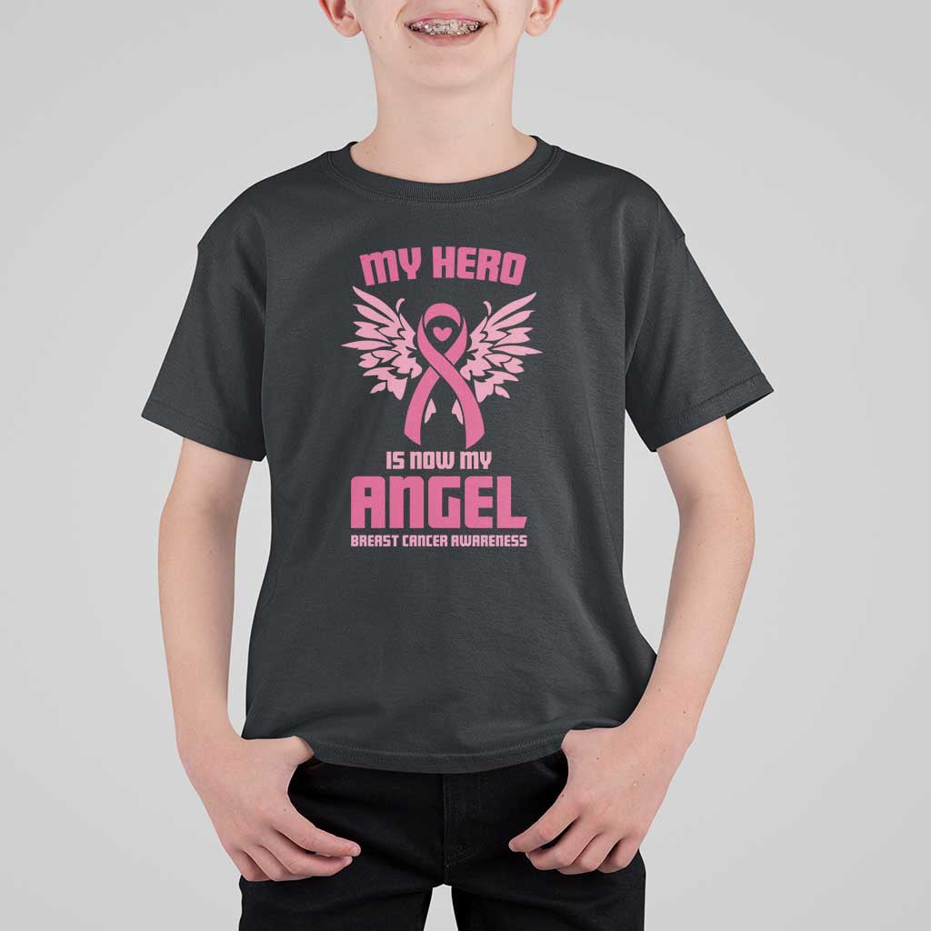 Breast Cancer Awareness T Shirt For Kid My Hero Is Now My Angel Pink Ribbon Wings Heart - Wonder Print Shop