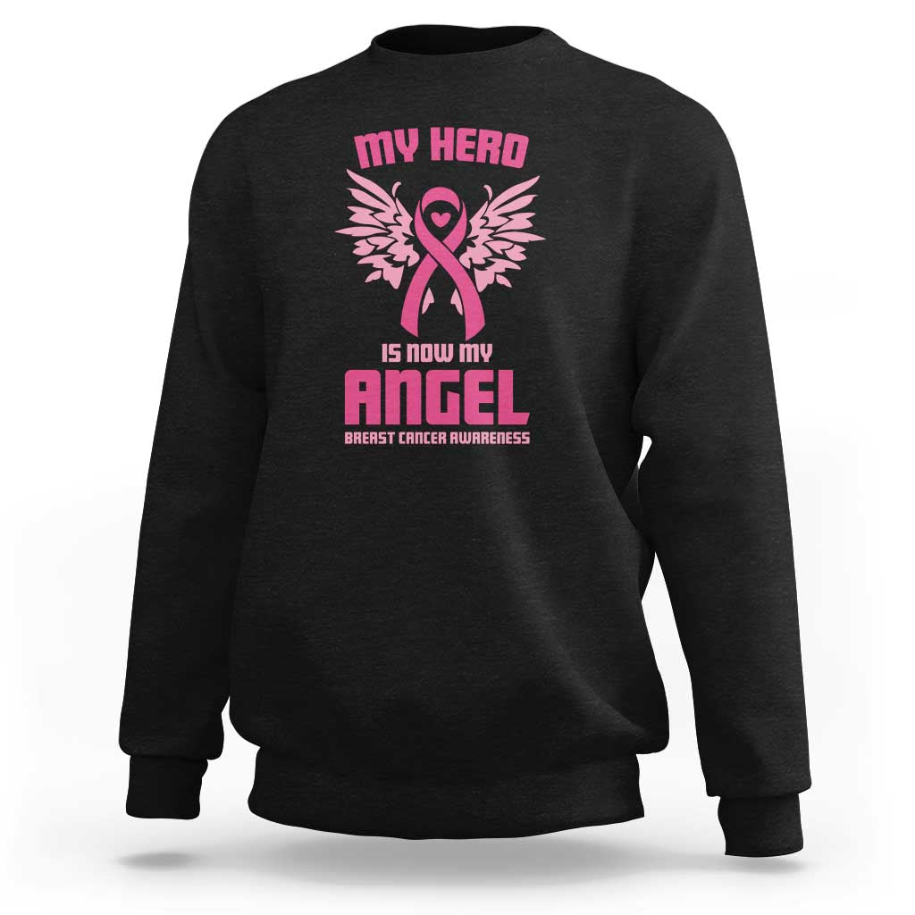 Black breast cancer awareness sweatshirt with pink ribbon angel wings and heart graphic