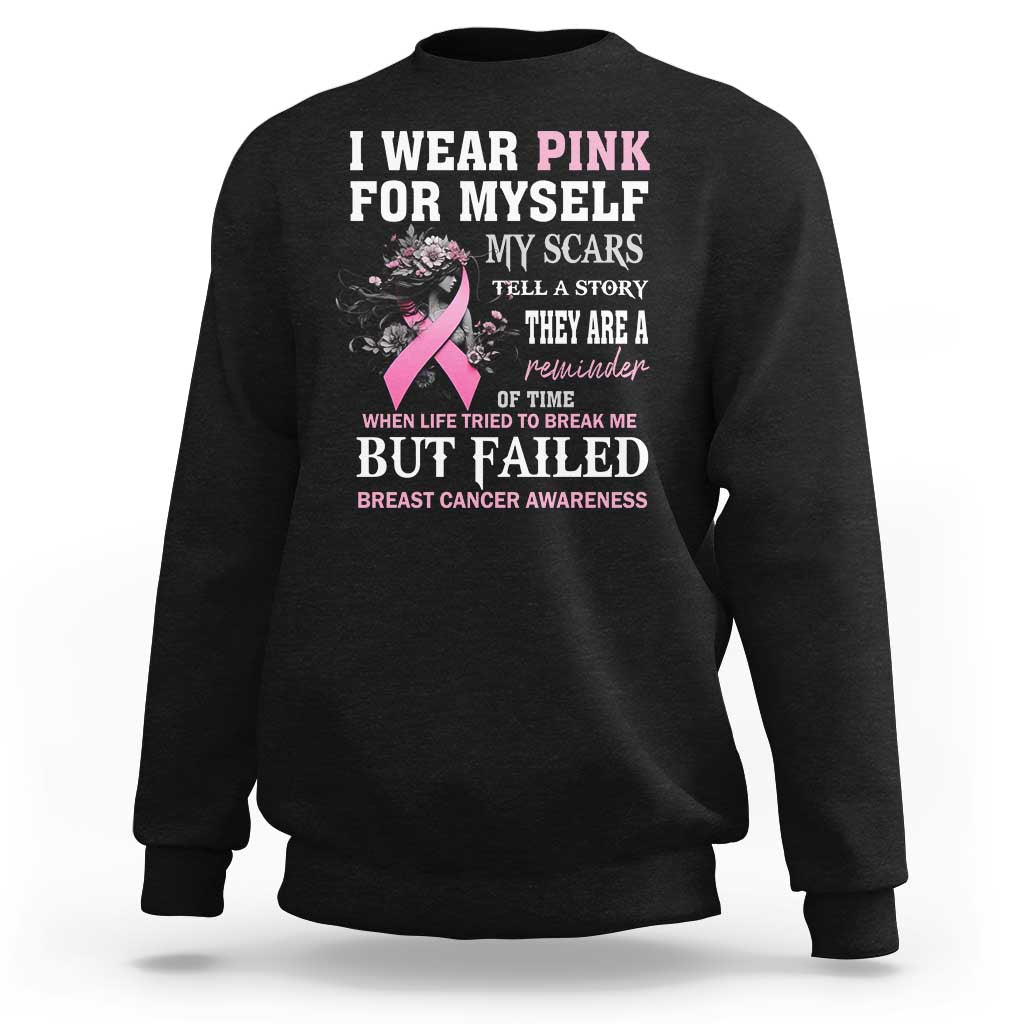 Black crewneck sweatshirt with pink ribbon and breast cancer awareness “But Failed” graphic.
