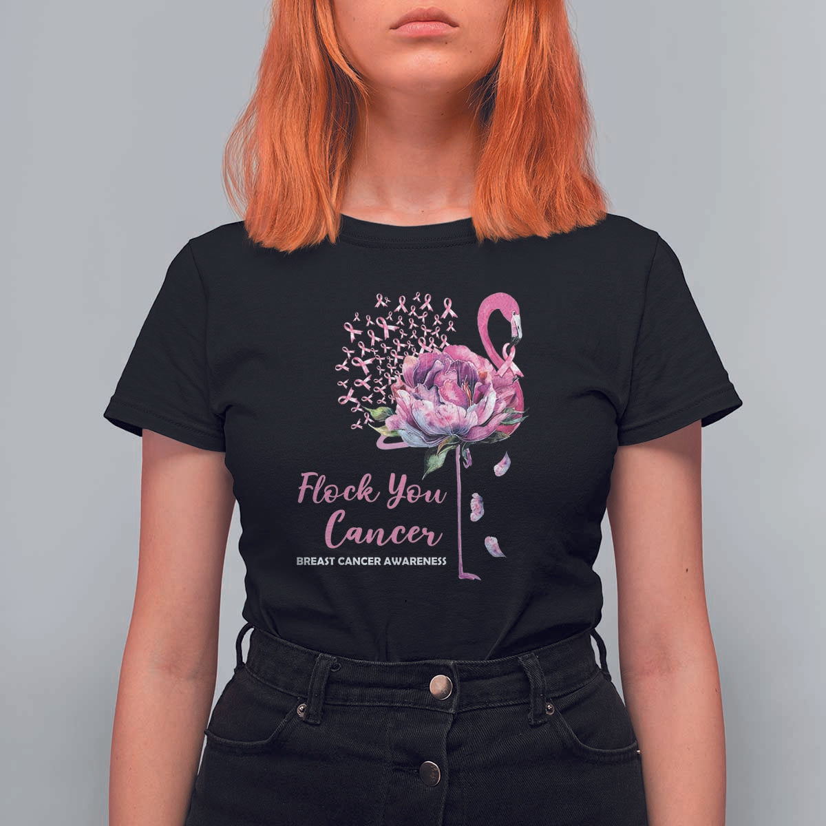 Breast Cancer Awareness T Shirt For Women Flock you Cancer Flamingo Flower Pink Ribbon - Wonder Print Shop