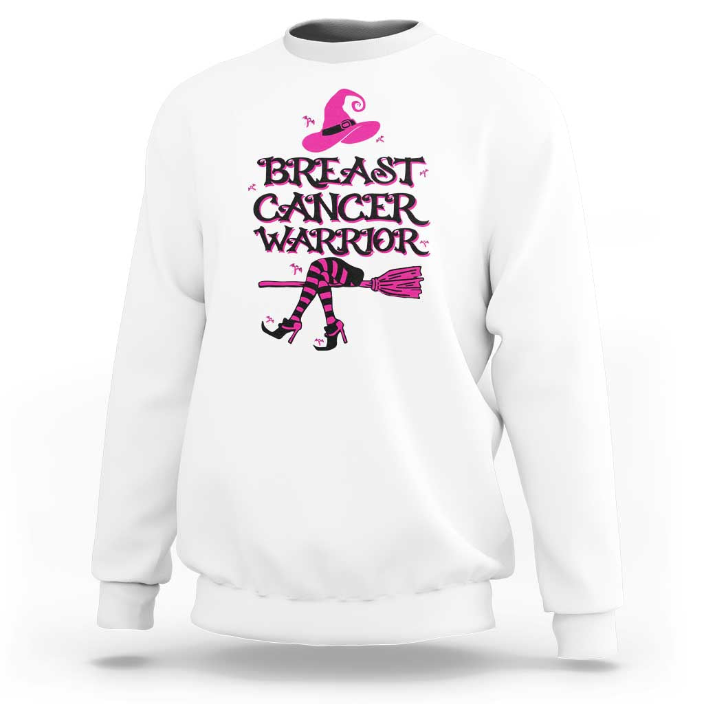 White sweatshirt with pink witch and striped breast cancer warrior graphic on front