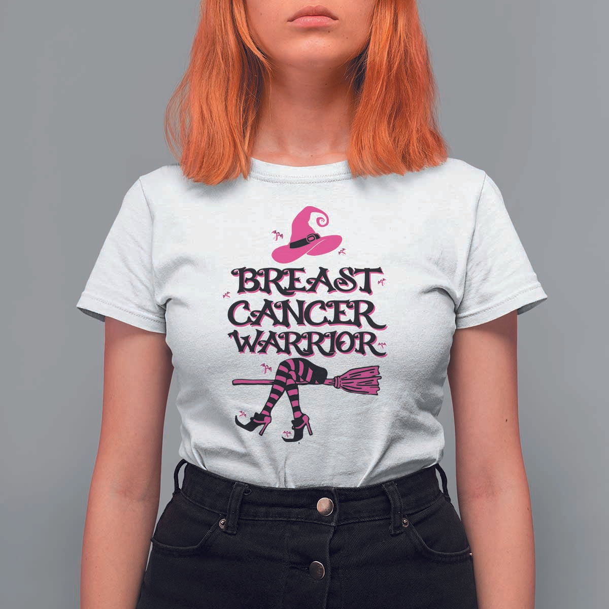 Breast Cancer Warrior Witch T Shirt For Women Hat Shoes Broom Pink Ribbon Witchy Vibe - Wonder Print Shop