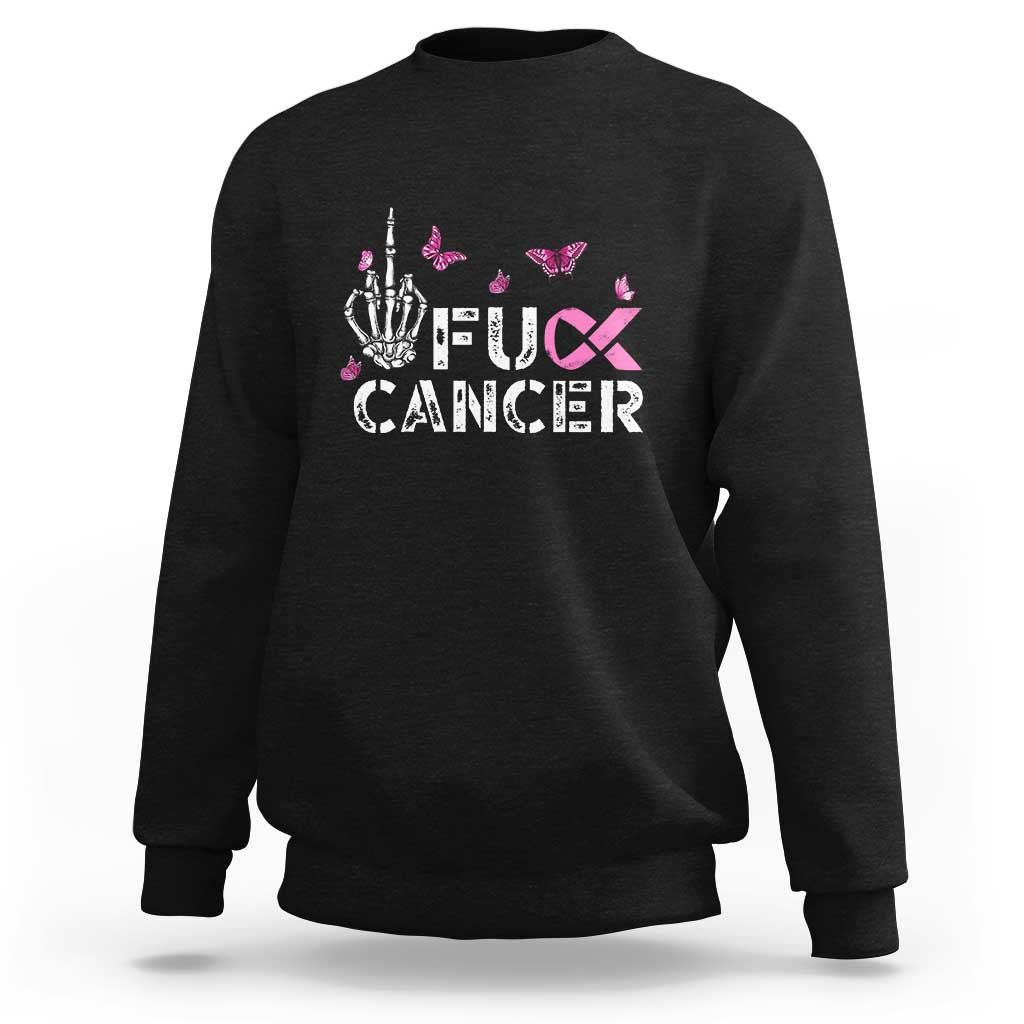 Black crewneck sweatshirt with pink cancer awareness skeleton-hand graphic
