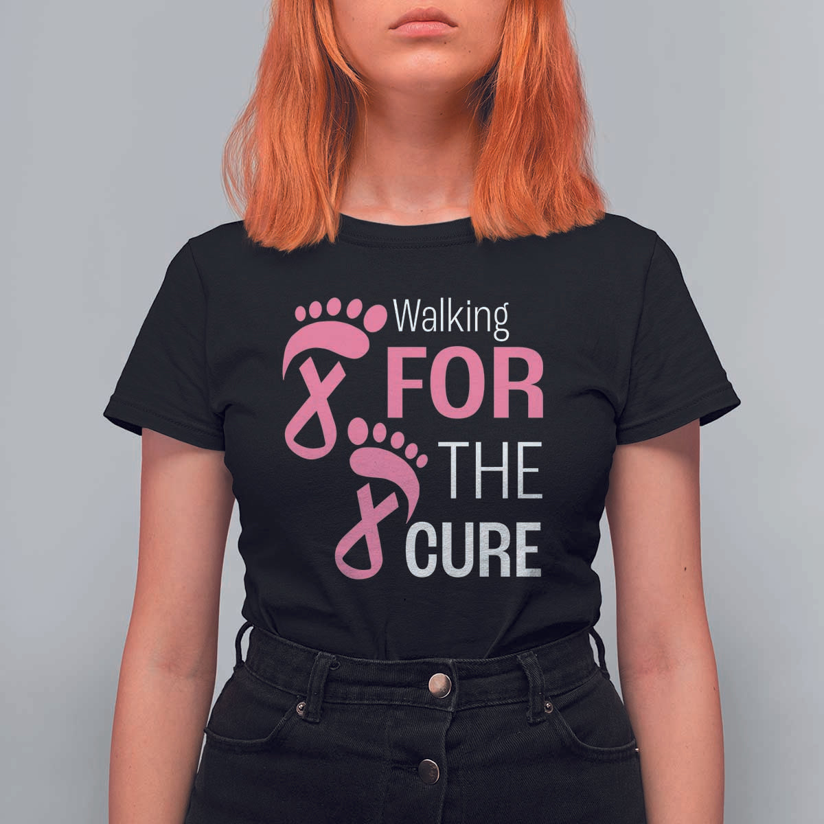 Breast Cancer Awareness T Shirt For Women Walking For The Cure Pink Ribbon Footprints - Wonder Print Shop