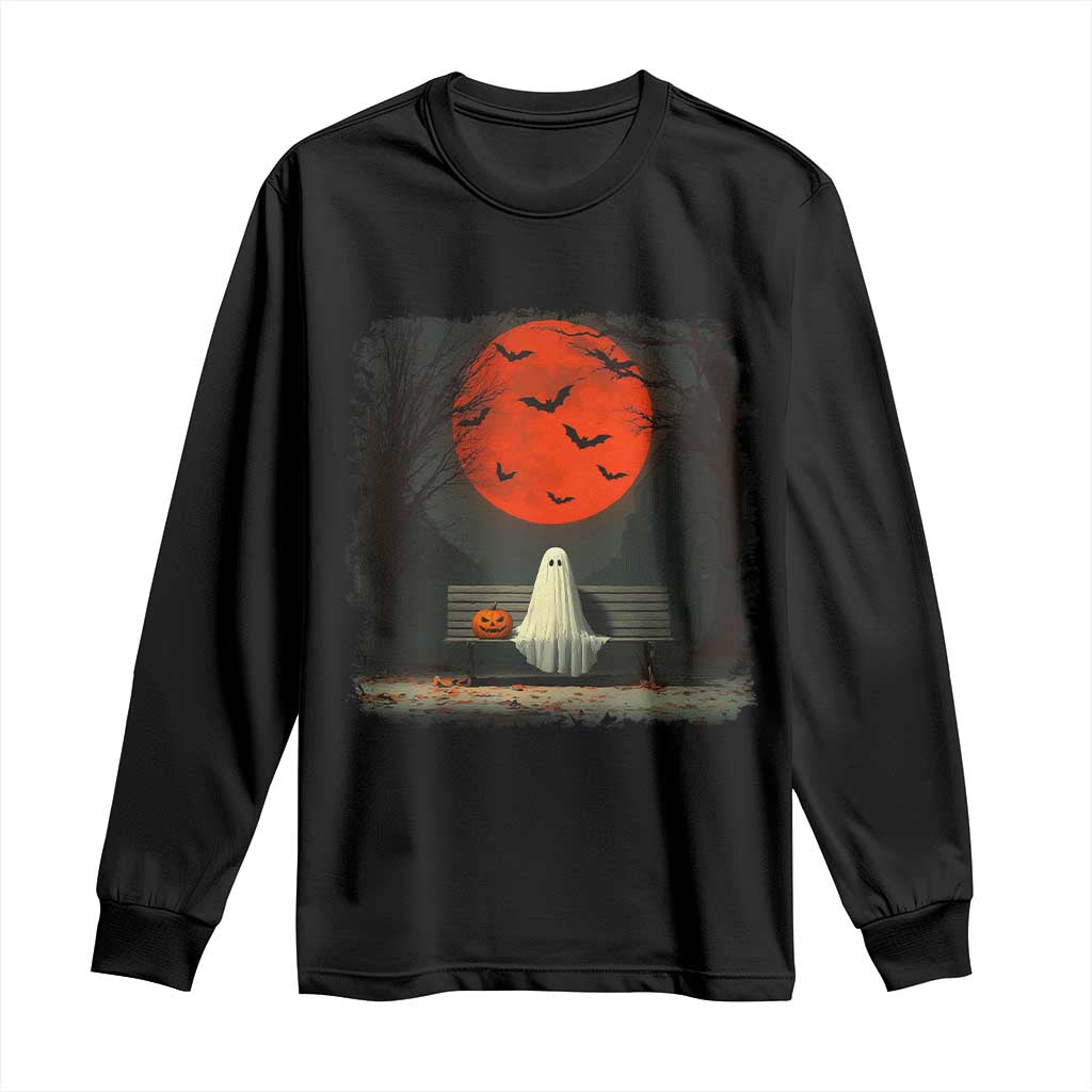 Halloween Lonely Ghost Bench Blood Moon Pumpkin Long Sleeve Shirt - Wonder Print Shop