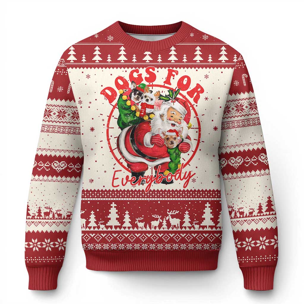 Ugly Christmas dog owner sweater, red and cream with festive dog and tree graphic