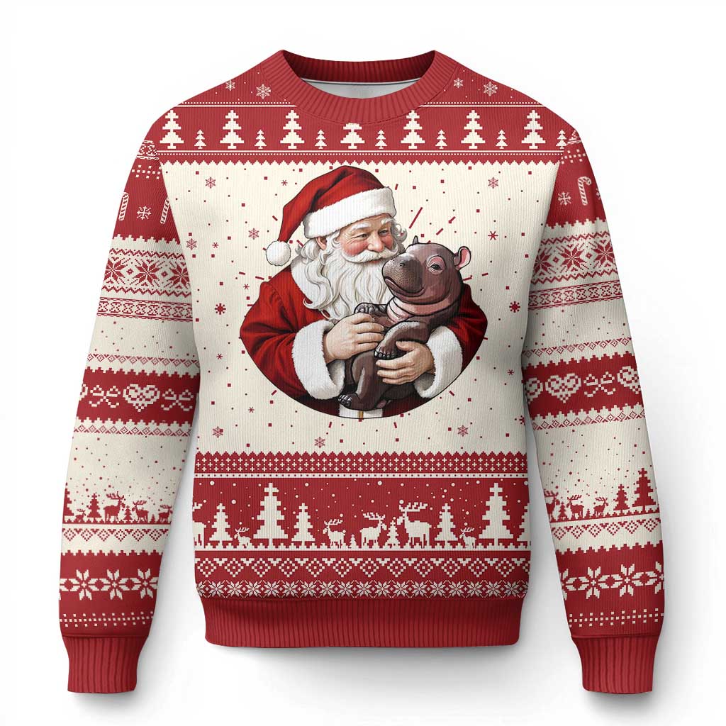 Red ugly Christmas sweater with Santa and hippo graphic, festive tree stripe pattern