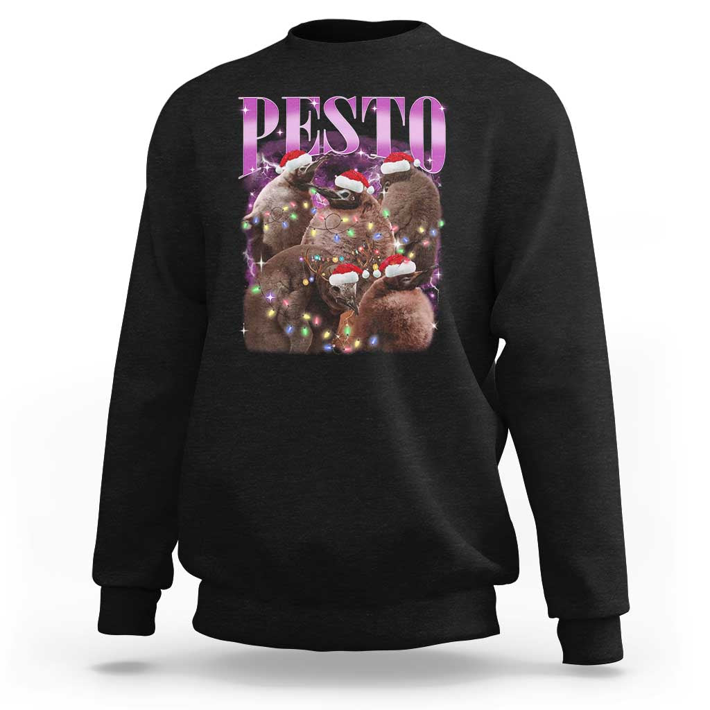 Black Christmas sweatshirt with front “PESTO” graphic and festive animal with lights