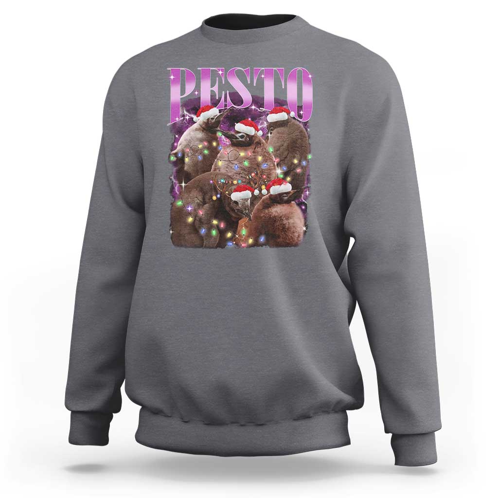 Charcoal gray Christmas sweatshirt with front “PESTO” graphic and festive animal with lights