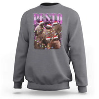 Charcoal gray Christmas sweatshirt with front “PESTO” graphic and festive animal with lights