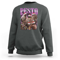 Dark heather gray Christmas sweatshirt with front “PESTO” graphic and festive animal with lights