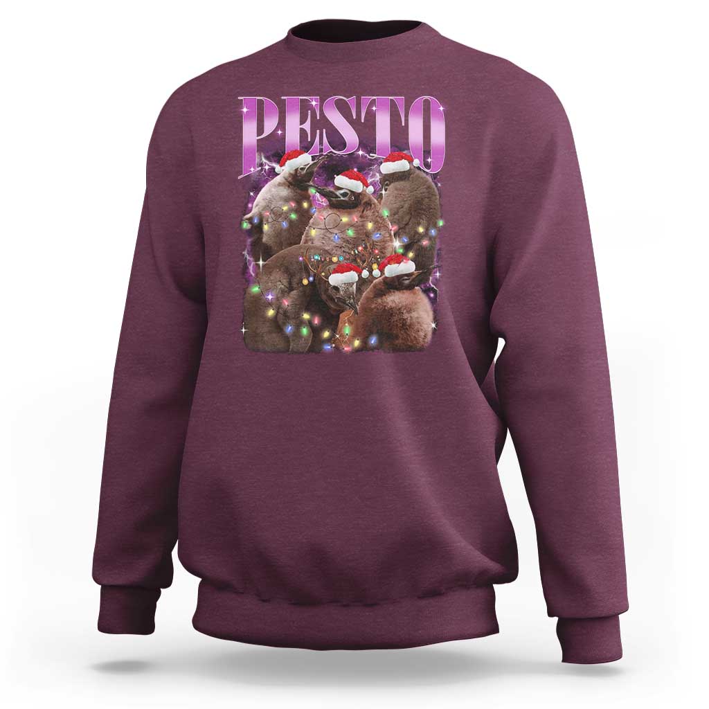 Maroon Christmas sweatshirt with front “PESTO” graphic and festive animal with lights