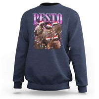 Navy Christmas sweatshirt with front “PESTO” graphic and festive animal with lights