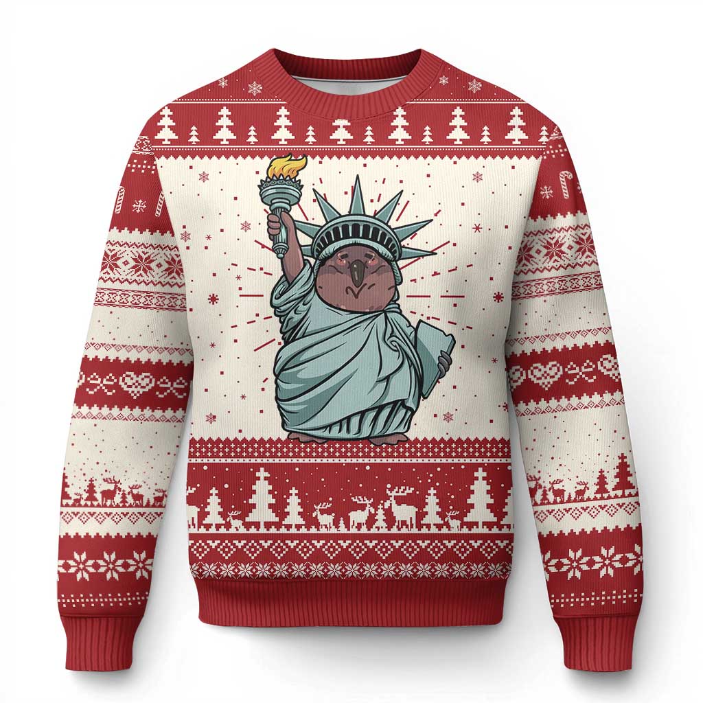 Red ugly Christmas sweater with cream bands and Statue of Liberty graphic