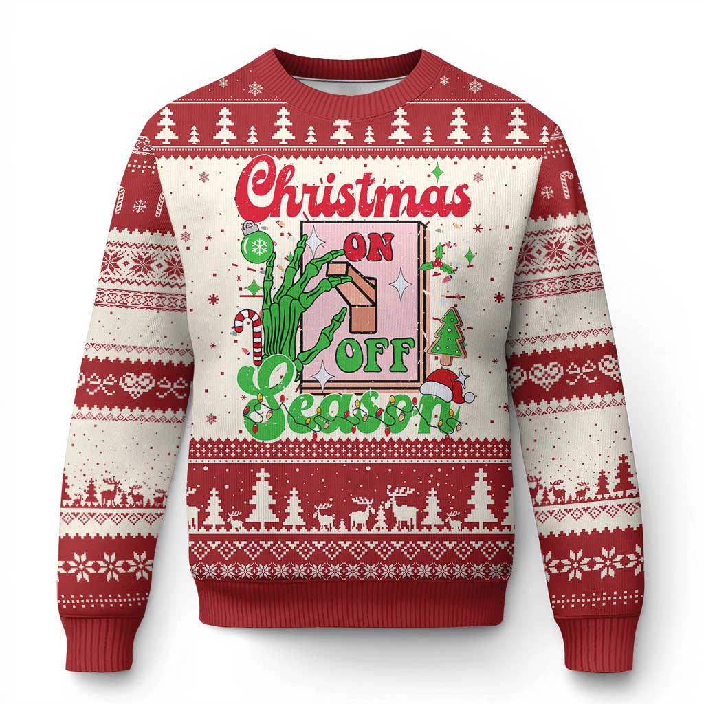 Red and cream Christmas sweater with skeleton hand graphic and tree knit pattern