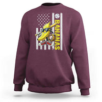 Maroon crewneck sweatshirt with banana character and American flag graphic on front