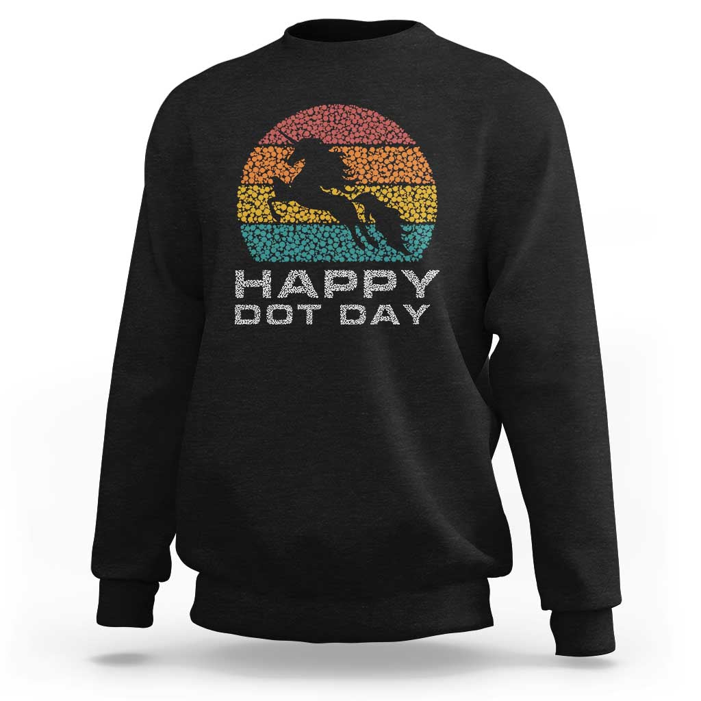 Black sweatshirt with retro polka-dot unicorn and 'HAPPY DOT DAY' front print