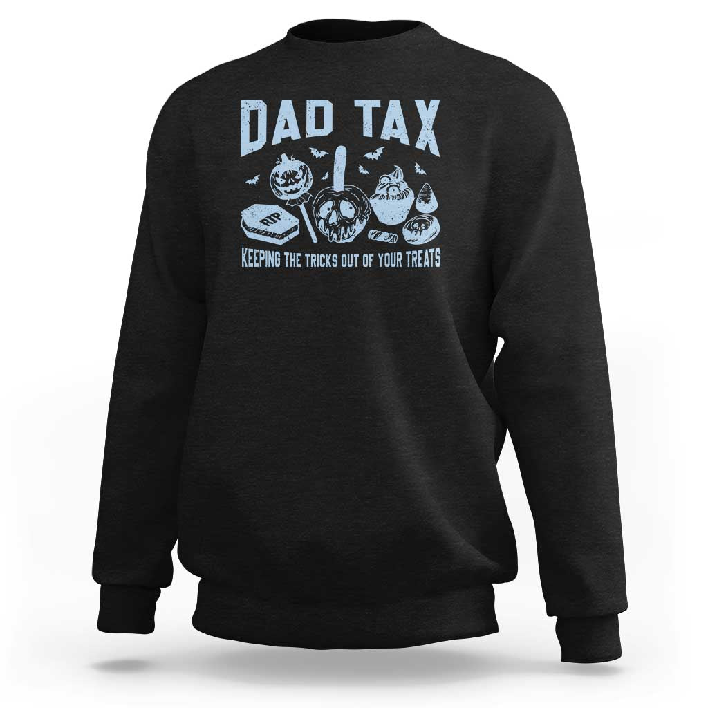 Men's black Halloween sweatshirt with 'Dad Tax' graphic, long sleeves, ribbed cuffs.