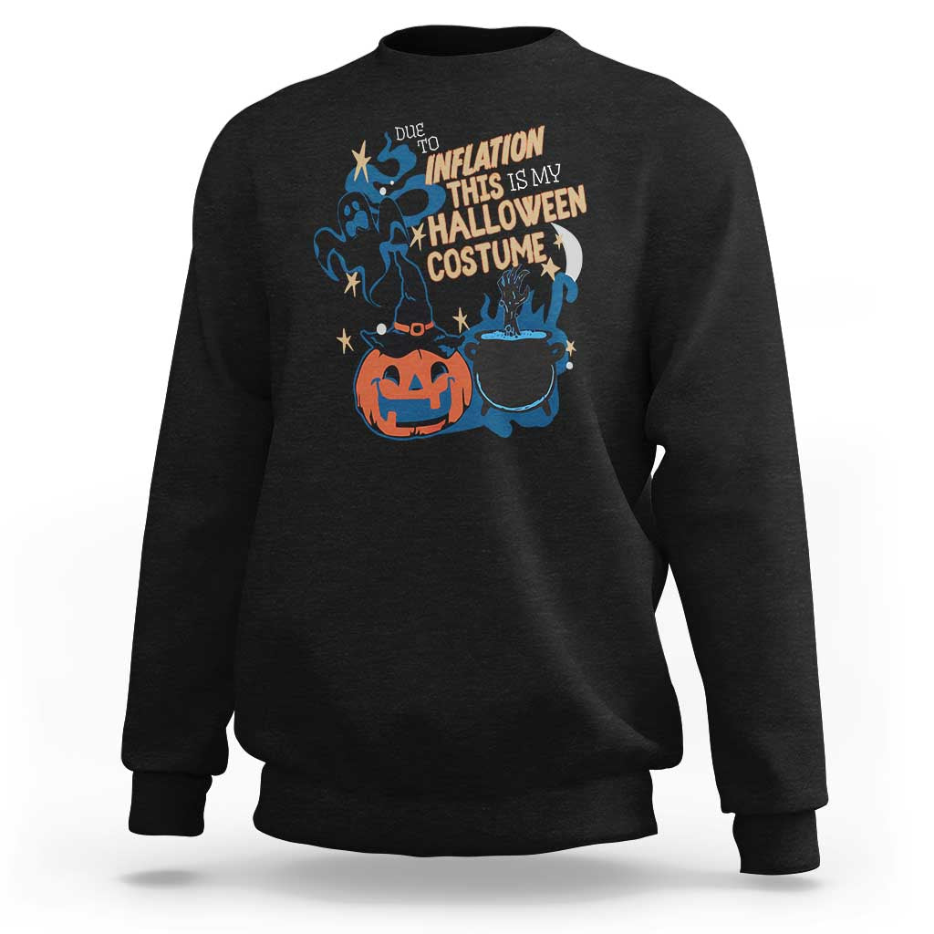 Black crewneck Halloween graphic sweatshirt with blue, orange, and ghost pumpkin print