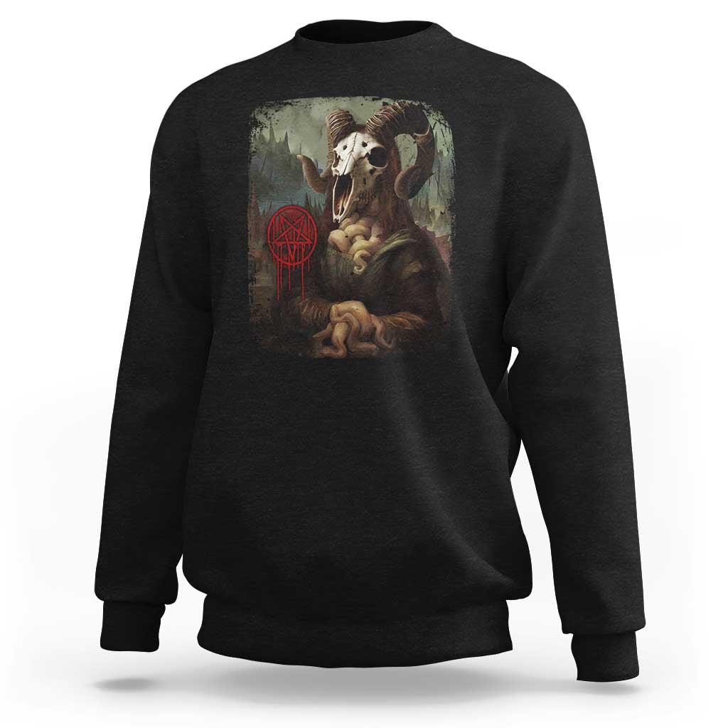 Black Halloween sweatshirt with skull, creepy portrait and red pentagram graphic