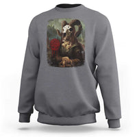 Dark heather gray Halloween sweatshirt with skull and creepy portrait panel plus red pentagram