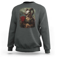 Charcoal Halloween sweatshirt with skull and creepy portrait panel, red pentagram