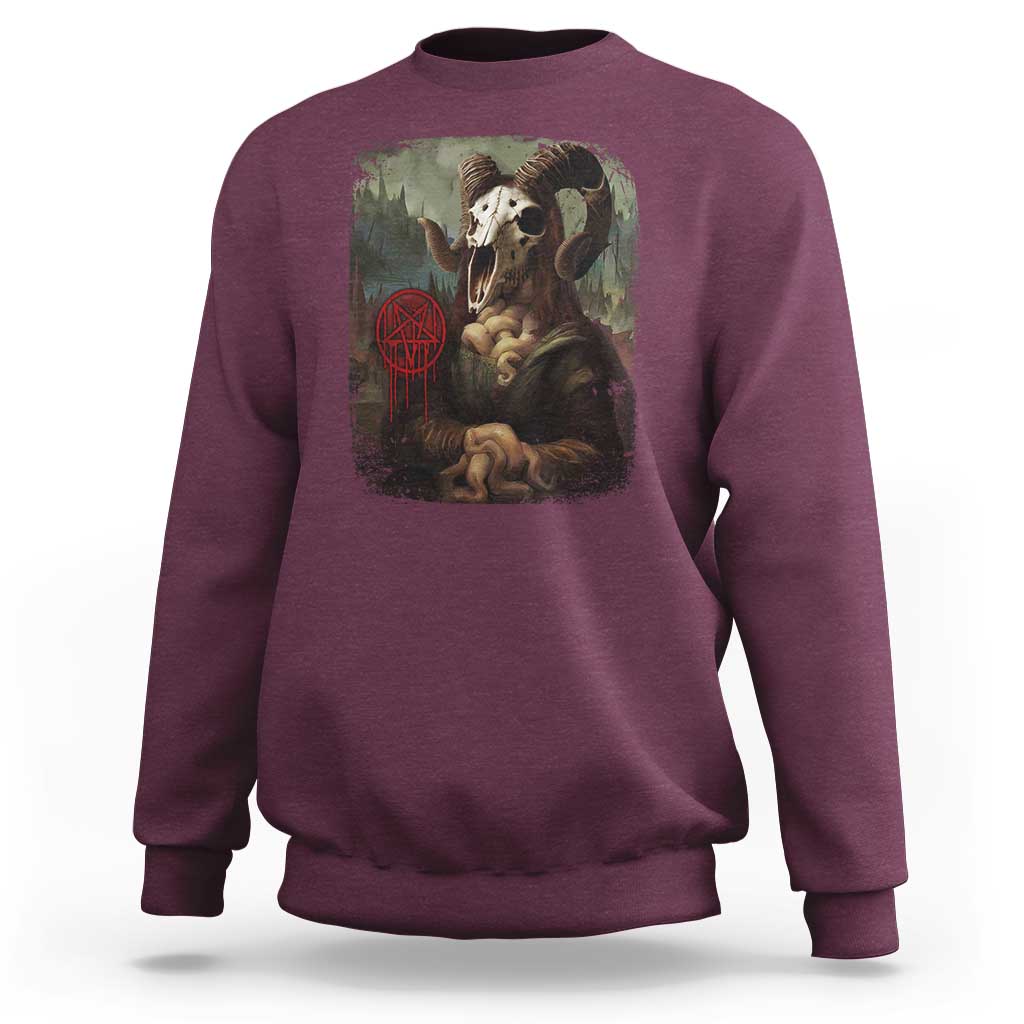 Maroon Halloween sweatshirt with skull and creepy portrait panel plus red pentagram