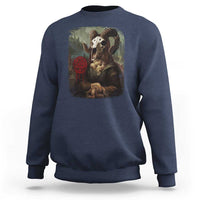 Navy Halloween sweatshirt with skull and creepy portrait panel plus red pentagram
