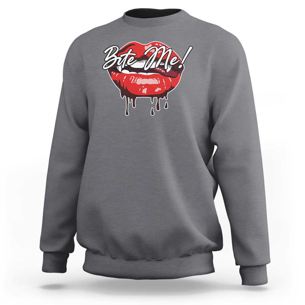 Dark heather gray Halloween sweatshirt with red “Bite Me” lips graphic and dripping paint design