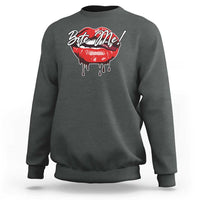 Charcoal gray Halloween sweatshirt with red “Bite Me” lips graphic and dripping paint design