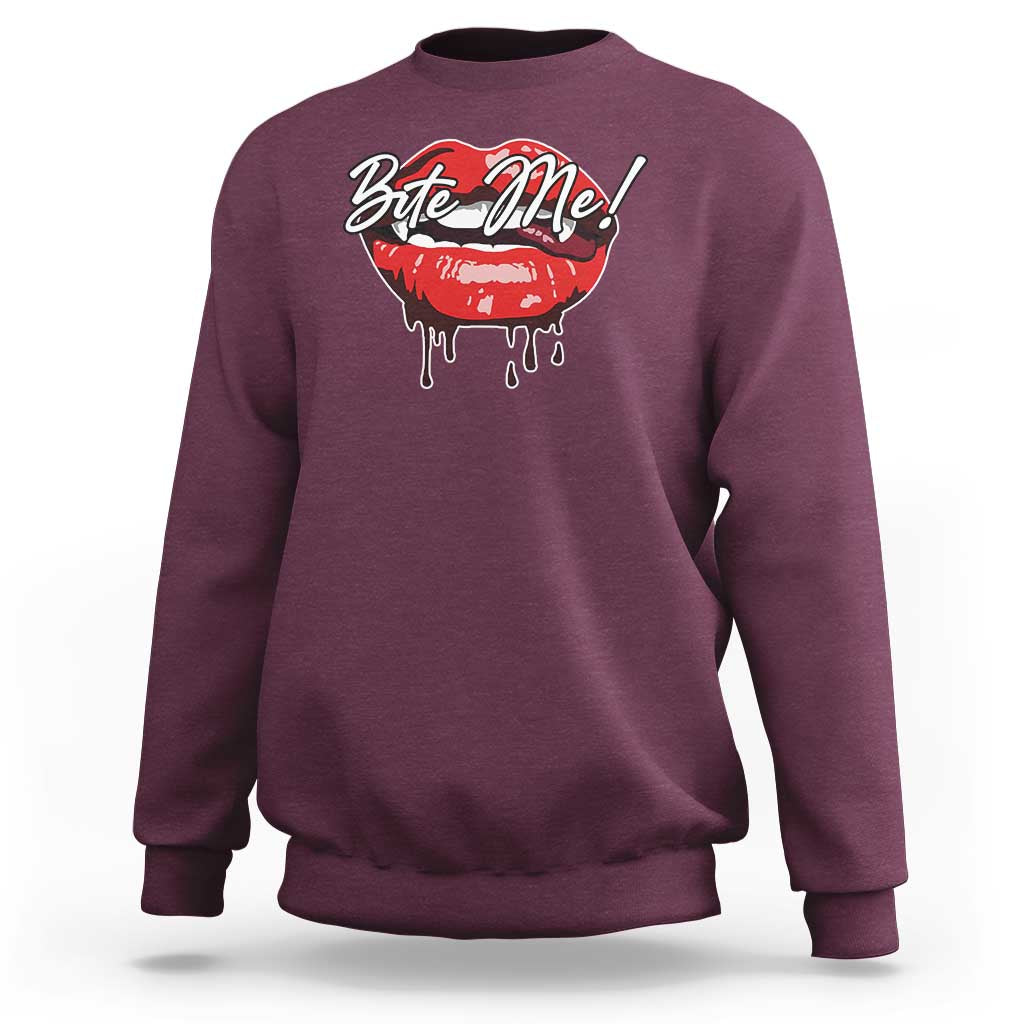 Maroon Halloween sweatshirt with red “Bite Me” lips graphic and dripping paint design
