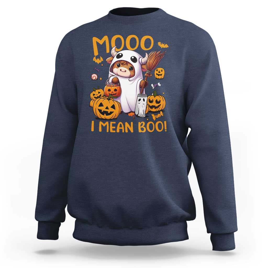 Navy Halloween cow graphic sweatshirt with “MOOO” and “I MEAN BOO!” ghost art.