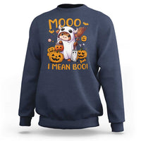 Navy Halloween cow graphic sweatshirt with “MOOO” and “I MEAN BOO!” ghost art.