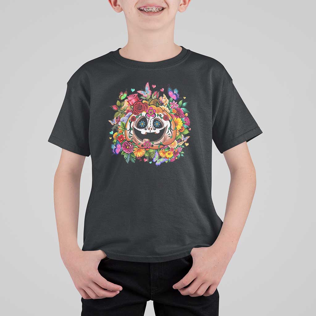 Day Of The Dead T Shirt For Kid Pumpkin Sugar Skull Halloween Flowers - Wonder Print Shop