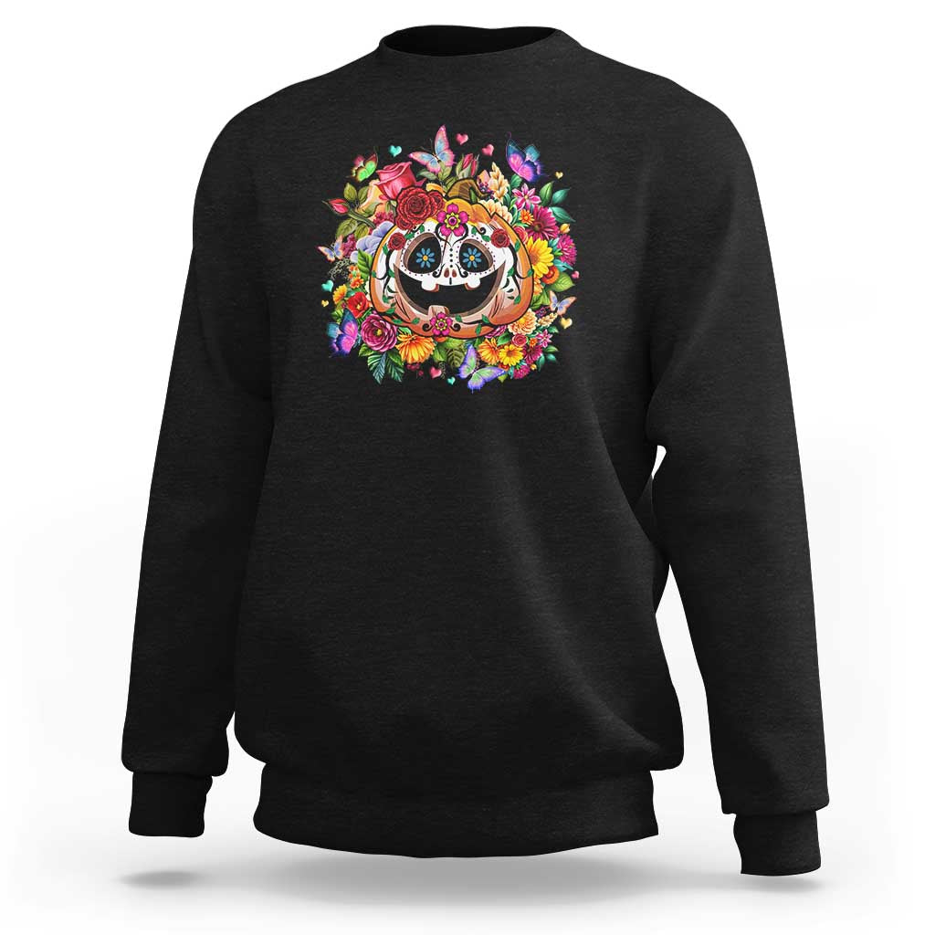 Day of the Dead crewneck sweatshirt in black with colorful sugar skull pumpkin graphic