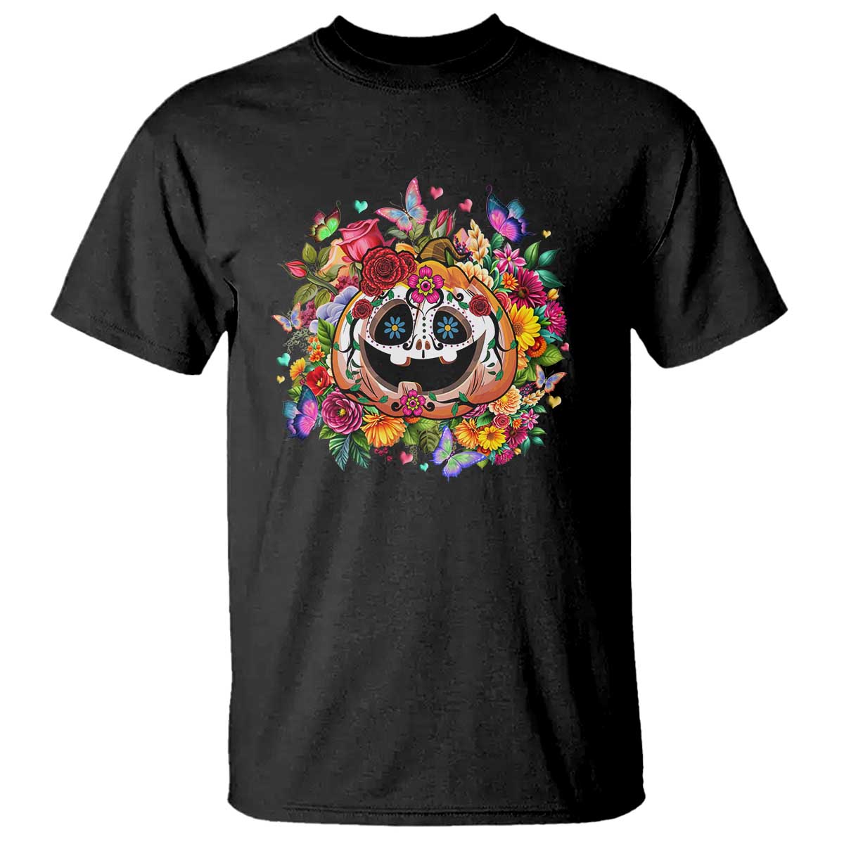 Day Of The Dead T Shirt Pumpkin Sugar Skull Halloween Flowers