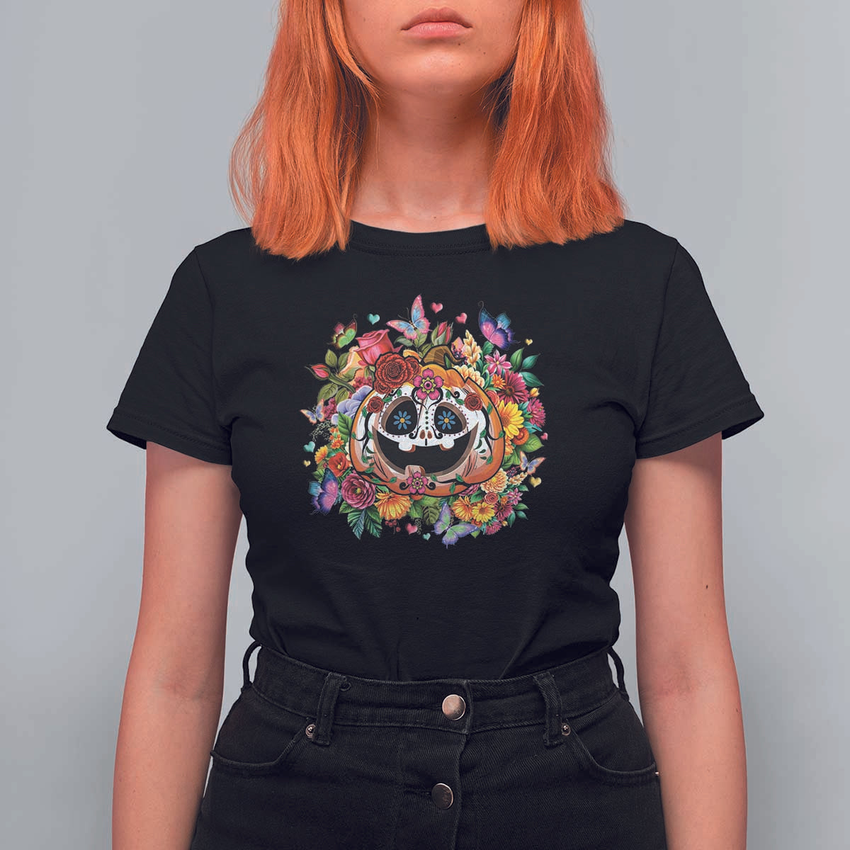 Day Of The Dead T Shirt For Women Pumpkin Sugar Skull Halloween Flowers