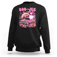 Black Halloween crewneck sweatshirt with pink 'BOO-JEE' ghost and pumpkin graphic.
