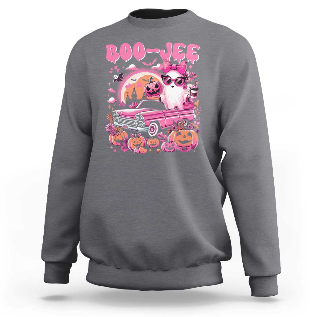 Dark heather gray Halloween crewneck sweatshirt with pink 'BOO-JEE' ghost and pumpkin graphic.