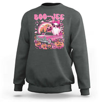 Charcoal gray Halloween crewneck sweatshirt with pink 'BOO-JEE' ghost and pumpkin graphic.