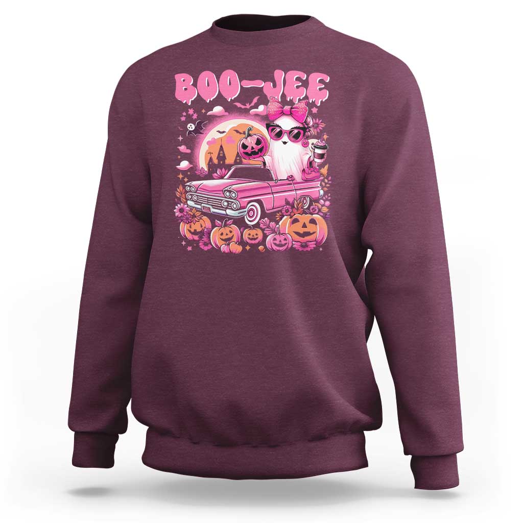 Maroon Halloween crewneck sweatshirt with pink 'BOO-JEE' ghost and pumpkin graphic.