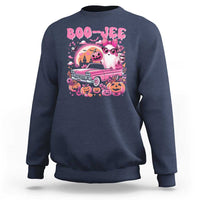 Navy Halloween crewneck sweatshirt with pink 'BOO-JEE' ghost and pumpkin graphic.