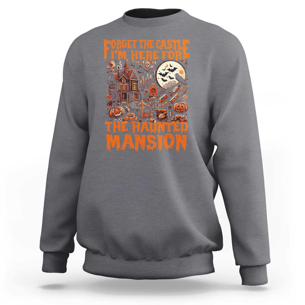 Dark heather gray Halloween sweatshirt with haunted mansion graphic on front