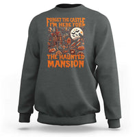 Charcoal Halloween sweatshirt with haunted mansion graphic on front