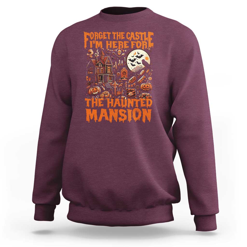 Maroon Halloween sweatshirt with haunted mansion graphic on front