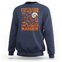 Navy Halloween sweatshirt with haunted mansion graphic on front