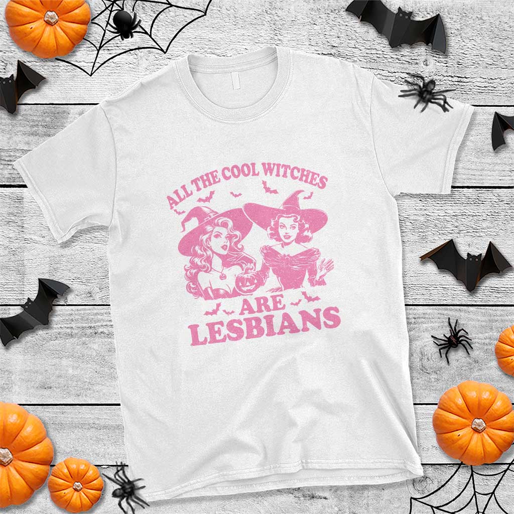 White T-shirt with pink witch graphic and text 'ARE LESBIANS' centered
