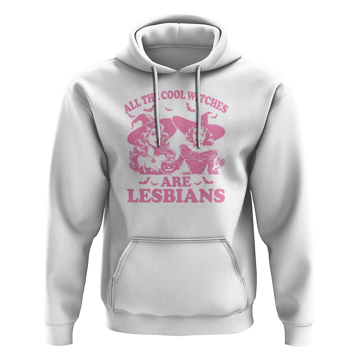 White hoodie with front witch graphic and “ARE LESBIANS” text